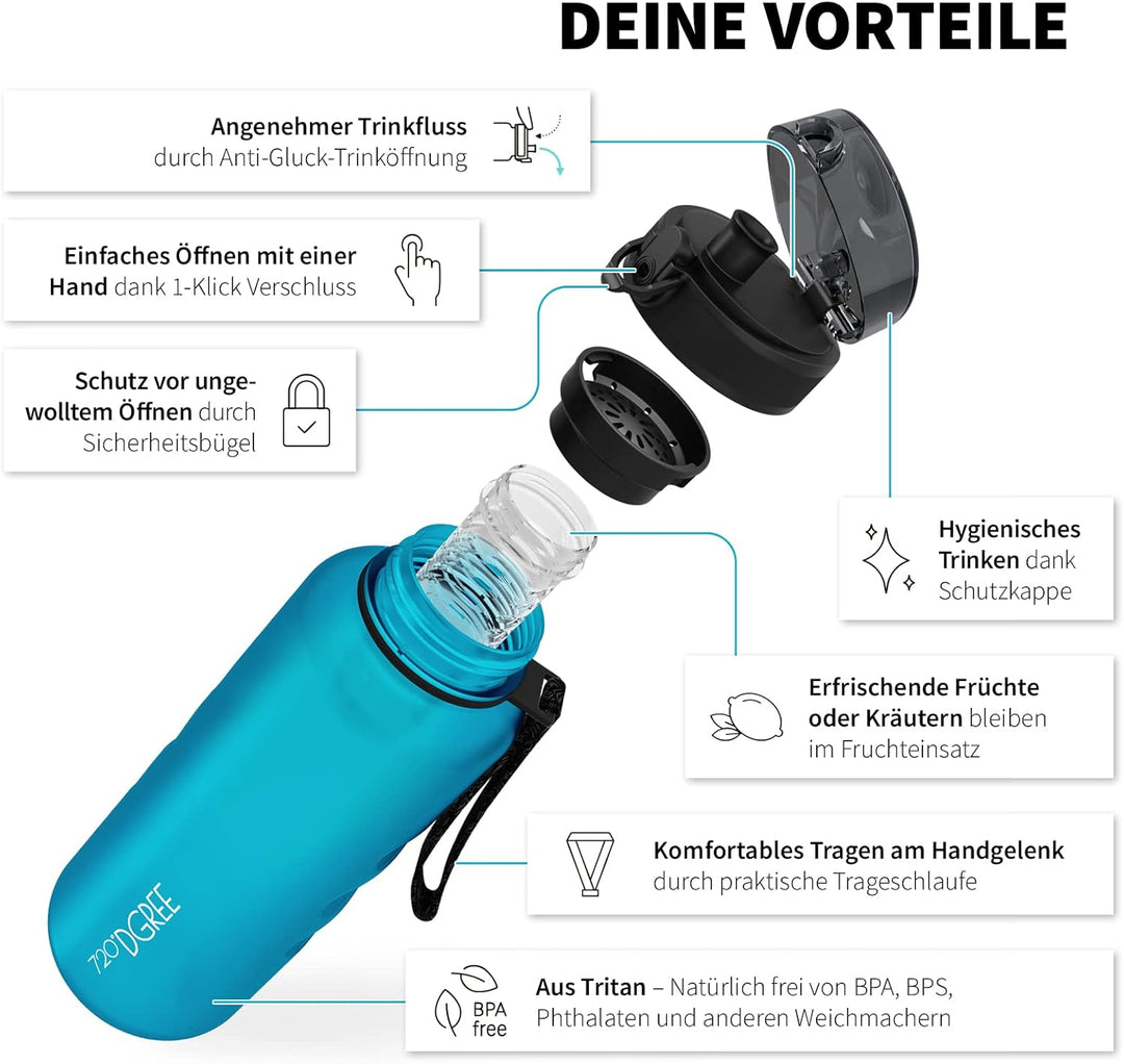 720°DGREE Trinkflasche “uberBottle“ 350ml, 500ml, 650ml, 1l softTouch +Früchtebehälter - Auslaufsich