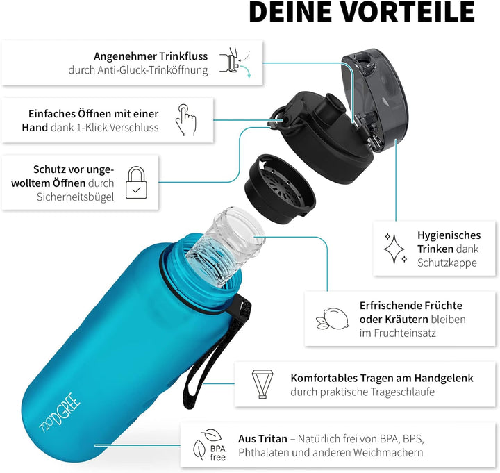 720°DGREE Trinkflasche “uberBottle“ 350ml, 500ml, 650ml, 1l softTouch +Früchtebehälter - Auslaufsich