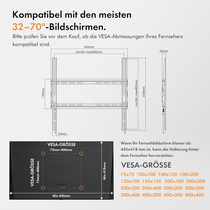 VonHaus TV Wandhalterung für 32-75"-Bildschirme, Ultra-schmale Wandhalterung Fernseher mit Wasserwaa