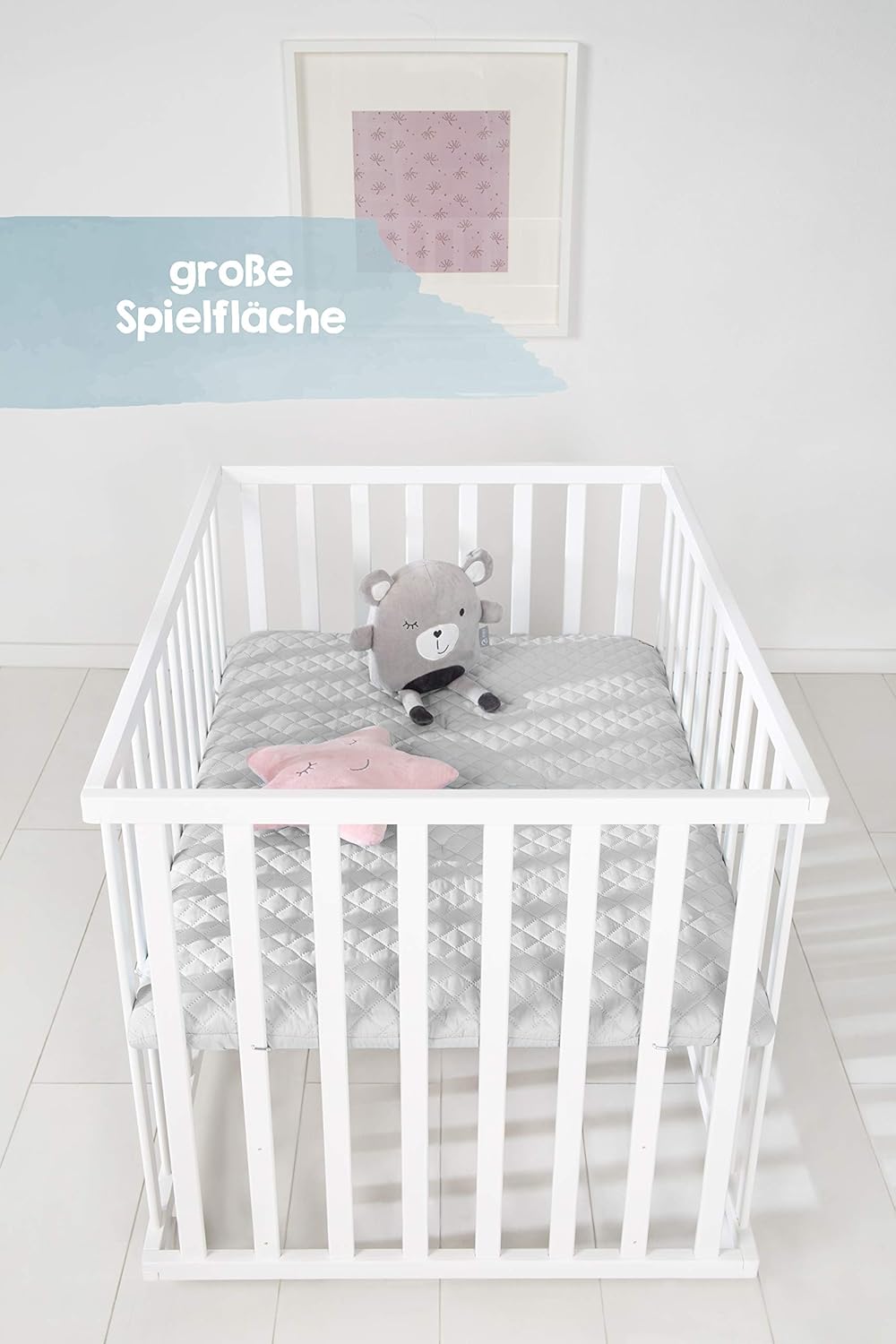 roba Laufgitter 75 x 100 cm - Baby Spielgitter + Einlage roba Style grau - 3-fach höhenverstellbar -