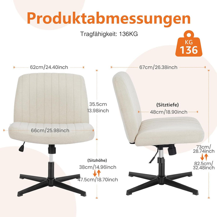 Sweetcrispy Bürostuhl Ohne Armlehnen, Schreibtischstuhl mit Stoffbezug, Lesesessel mit Breiterem Pol