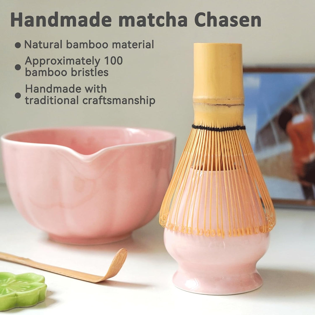 Premium Matcha Set 7-teilig – Exklusives Teezeremonie-Set mit Bambus-Chasen (Besen),Rosa Keramik-Sch