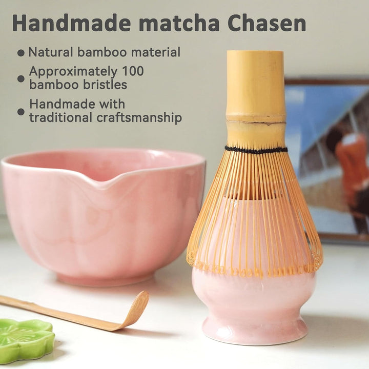 Premium Matcha Set 7-teilig – Exklusives Teezeremonie-Set mit Bambus-Chasen (Besen),Rosa Keramik-Sch