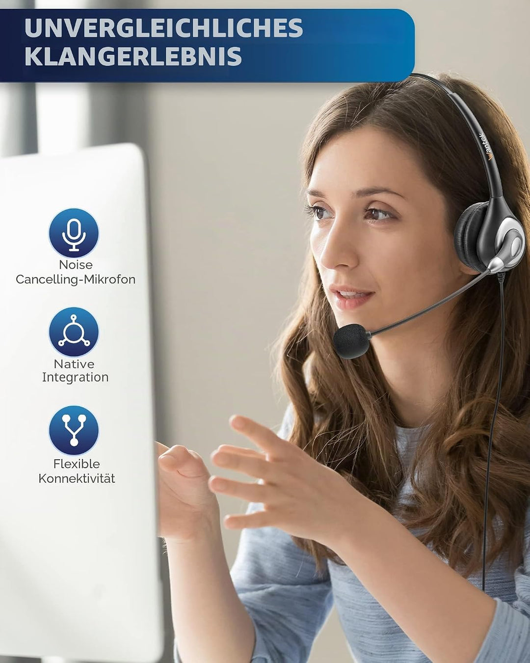 Wantek Kabelgebundene USB-Headsets Mono mit Geräuschunterdrückungs-Mikrofon und Inline-Steuerung, UC