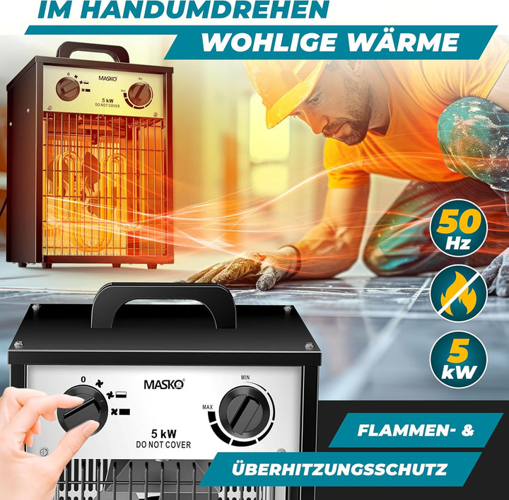 Masko® Elektroheizer Heizlüfter Bauheizer 5 KW mit integriertem Thermostat elektrisch Heizgerät 5000