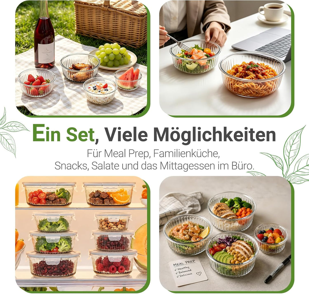 Glasbehälter mit Deckel – 4er Set Frischhaltebehälter Glas auslaufsicher &amp; BPA-frei – Meal Prep Boxe