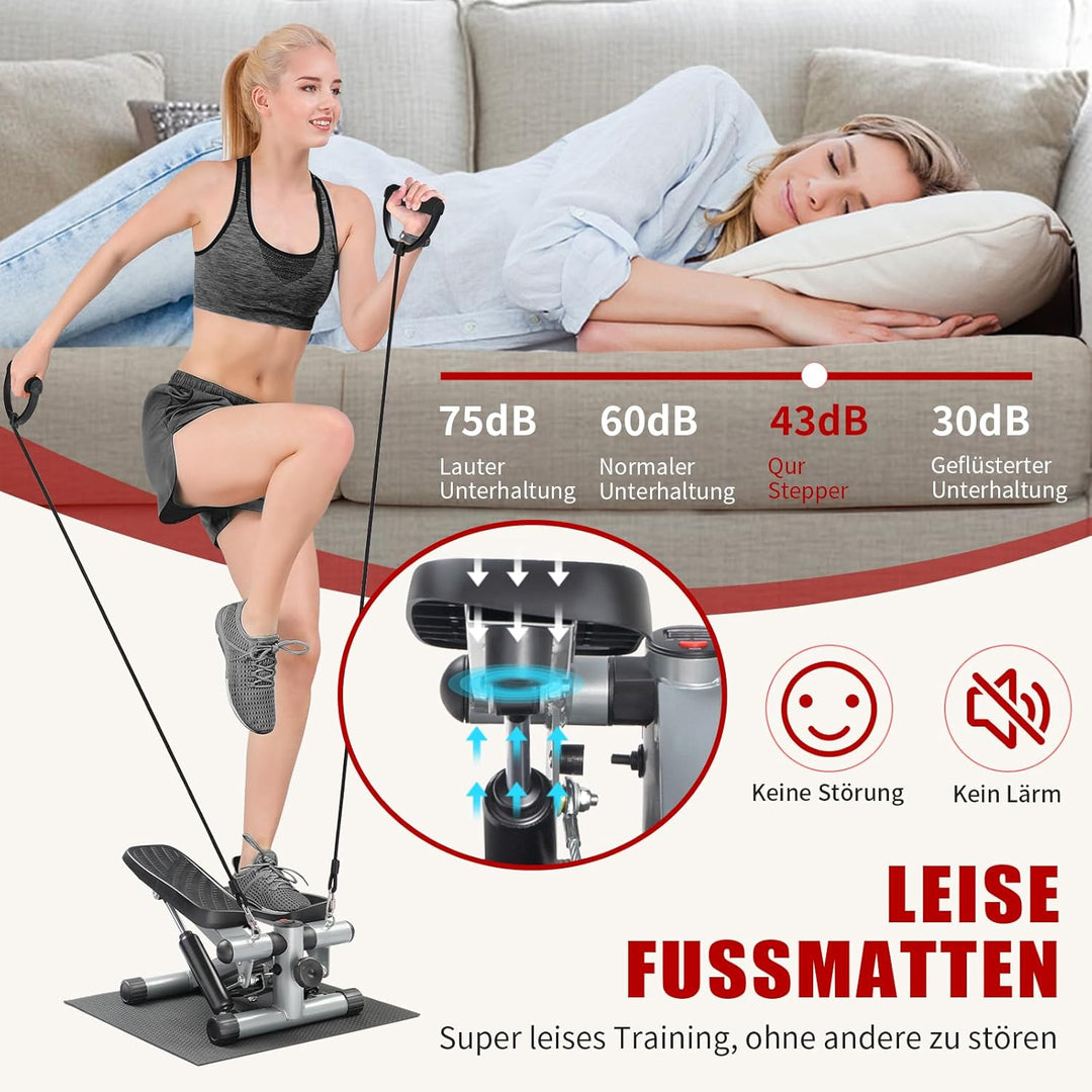 LEADZM Mini Stepper Mit Silent-Pad für Zuhause, 2 in 1 Fitness Stepper mit Gummiband, LCD Display, T