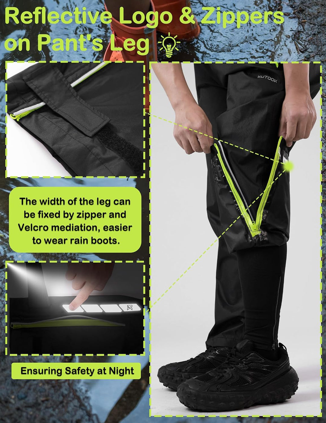KUTOOK Regenhose Fahrrad Herren Waterproof Rating: 5000mm Atmungsaktiv mit 2 Taschen Wandern Motrrad