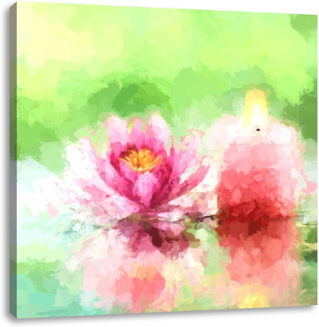 süsse Seerose neben Kerze, Format: 70x70 auf Leinwand, XXL riesige Bilder fertig gerahmt mit Keilrah