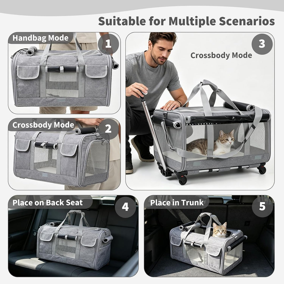 PETCUTE Transporttasche für Katze mit Rollen,Atmungsaktiv Katzen Transporttasche für 2 Katzen,Faltba