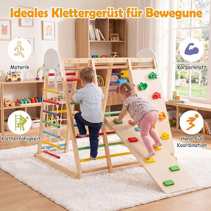 COSTWAY 8 in 1 Indoor Klettergerüst aus Holz für Kinder ab 3 Jahren (Bunt) | Klappbares Kletterspiel