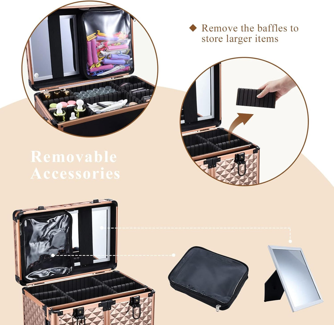 Kosmetik Trolley Friseurkoffer mit Schublade und Spiegel Kosmetikkoffer mit 4 Tabletts Make up Koffe