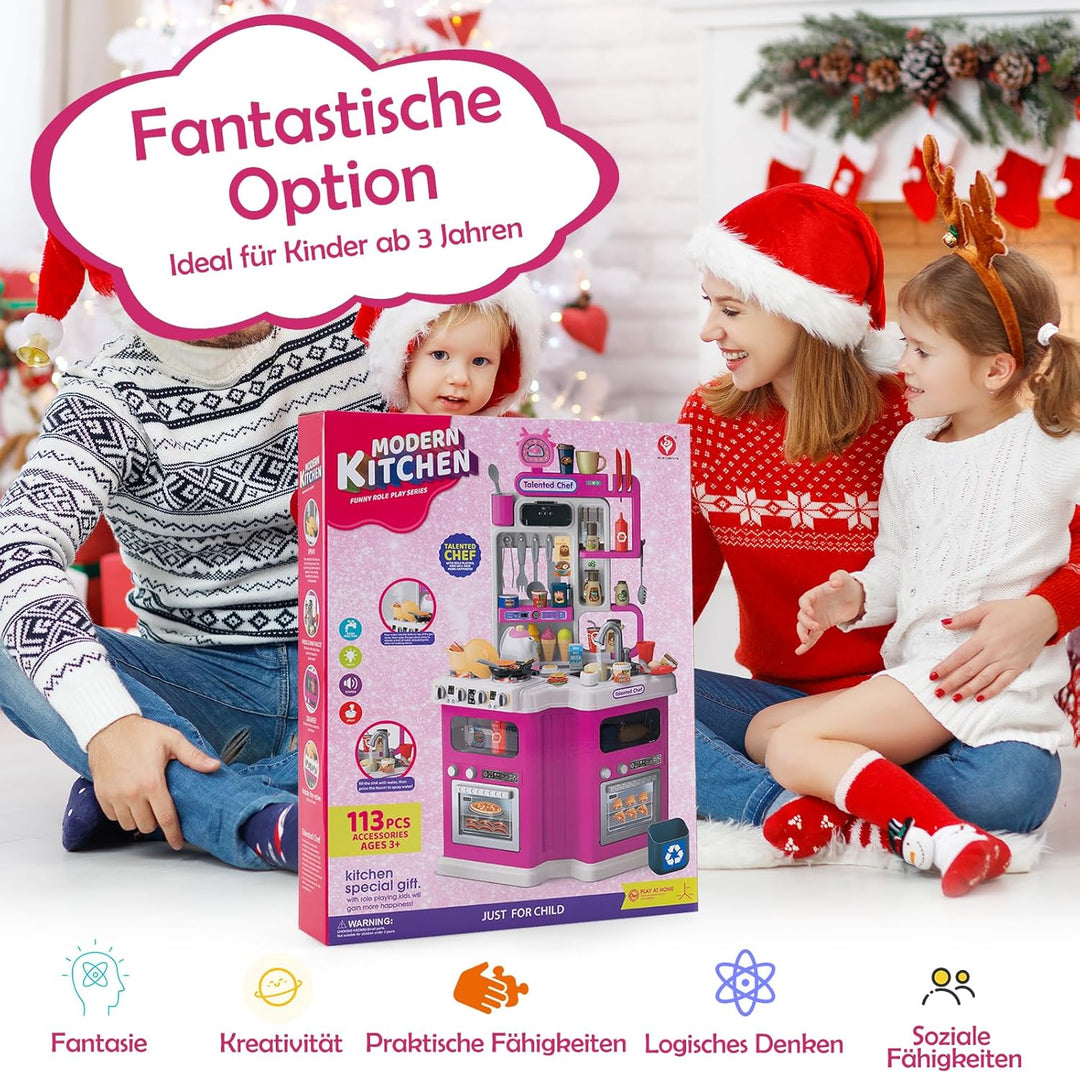 COSTWAY Kinderküche mit 113 Zubehör, Eck-Spielküche mit Licht, Sound & Dampf, Kinder Küche mit Kochh