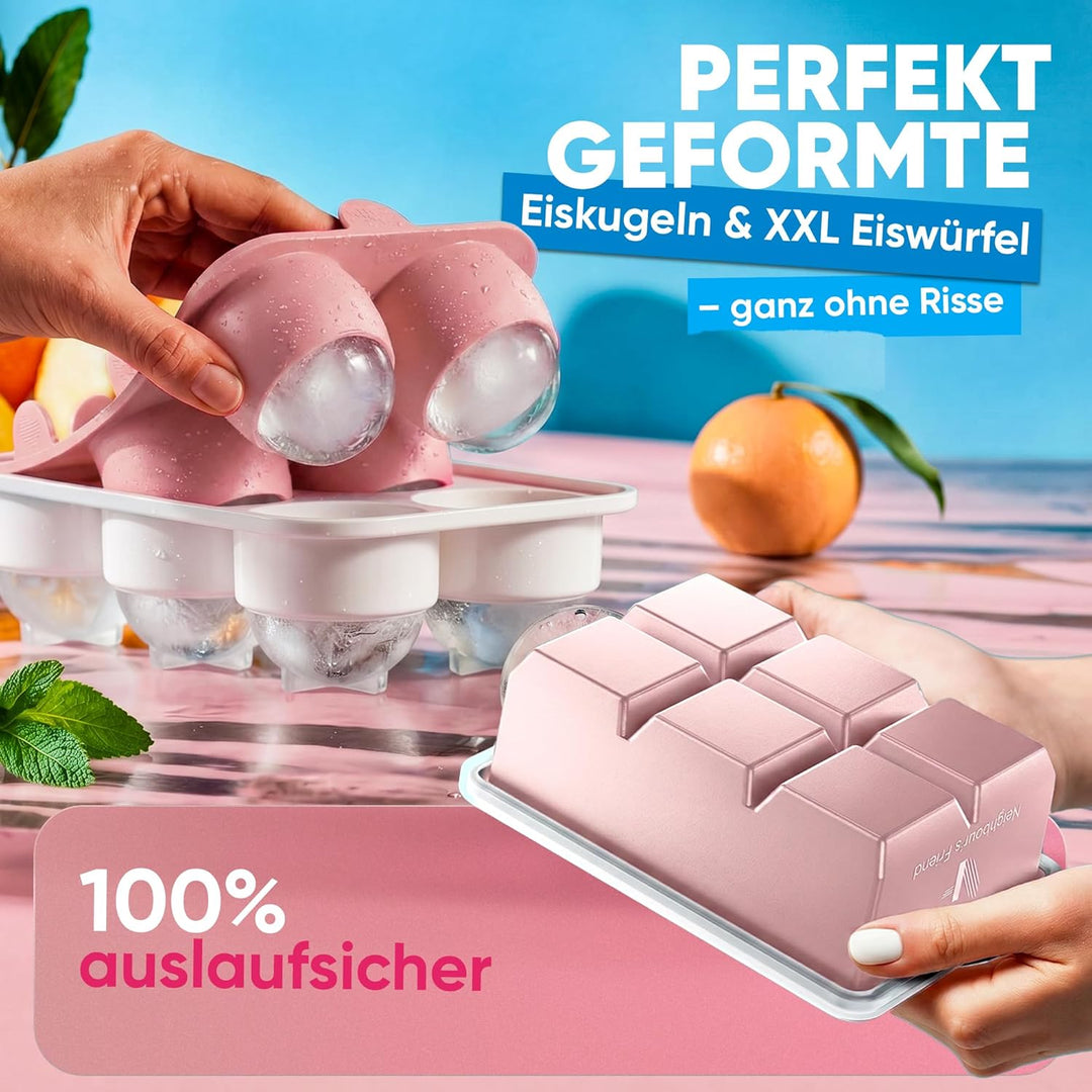 Rosa XXL Eiskugel- & Eiswürfelform Set – Stylische Eisformen aus Platin Silikon für Eiskaffee, Cockt