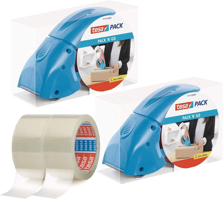 tesapack Abroller Pack' n' Go - Ergonomischer, blauer Handabroller für Paketbänder - inkl. 1x 50 m x