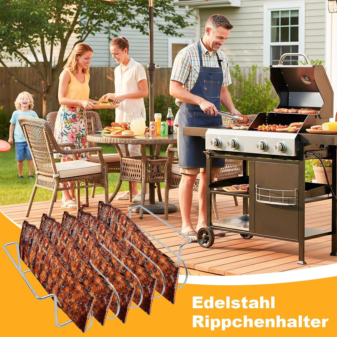 Edelstahl Rippchenhalter, Vielseitiger Halter für 5 Spare Ribs, Geschirrspülerfest für Gas- und Holz