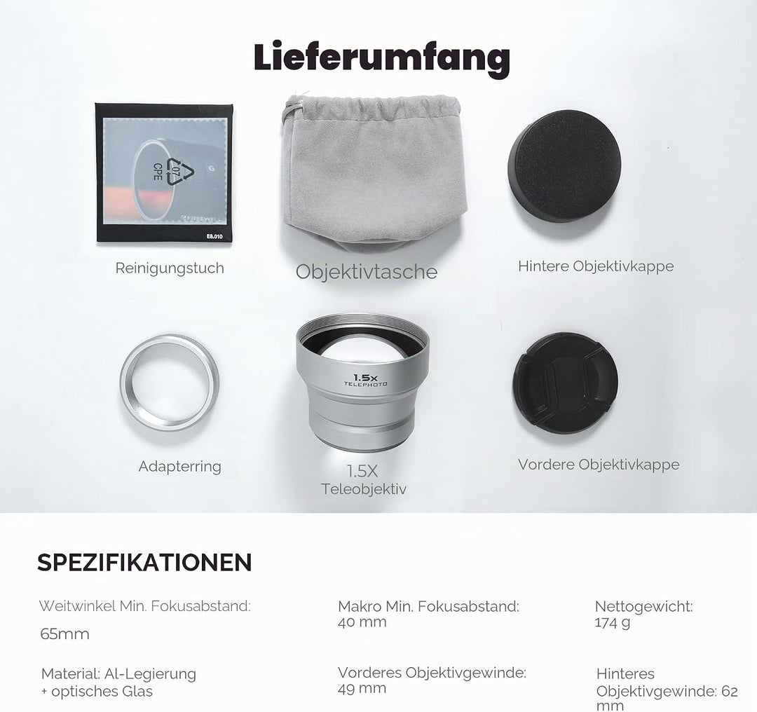 Freewell 1.5X Teleobjektiv Kompatibel mit Fuji X100VI X100V, Verbesserter Zoom und leichtes Design,