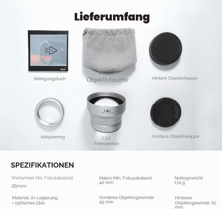 Freewell 1.5X Teleobjektiv Kompatibel mit Fuji X100VI X100V, Verbesserter Zoom und leichtes Design,