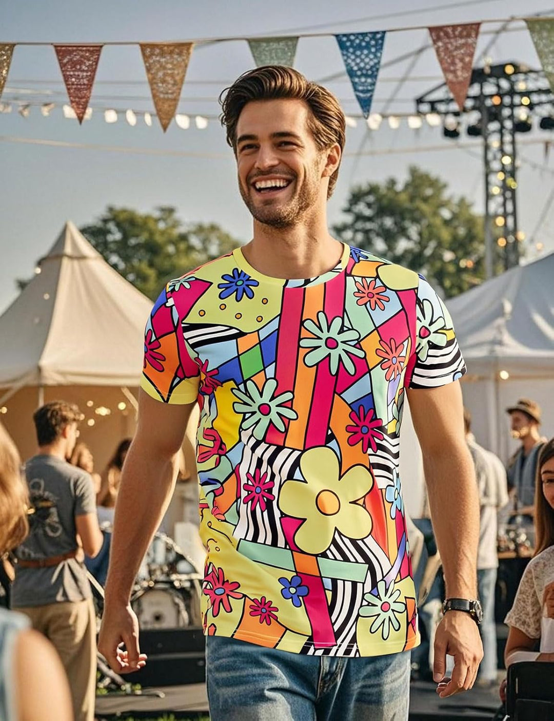 60er 70er Jahre Retro Flower Kostüm T-Shirts für Herren 3XL Blumen, 3XL Blumen