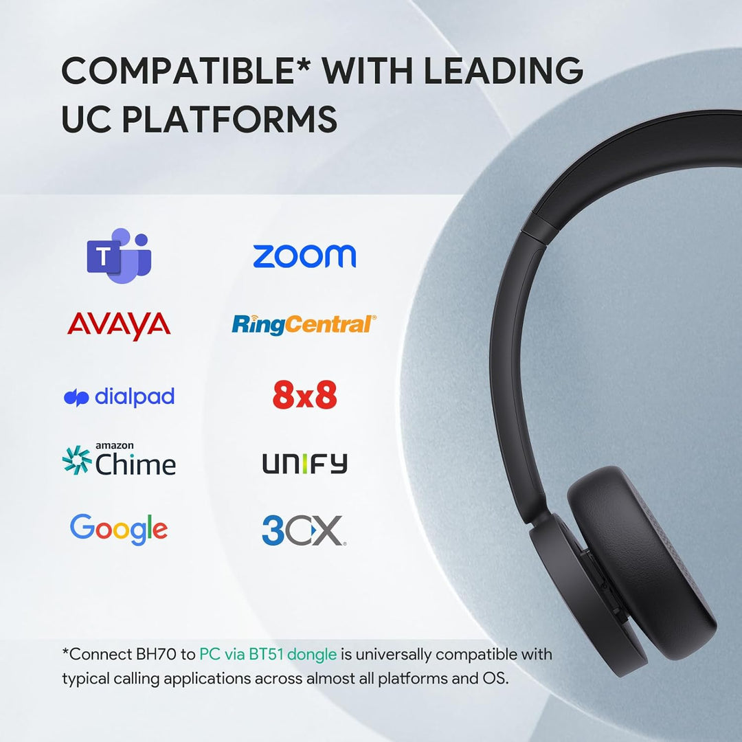 Yealink BH70 Drahtloses Bluetooth-Headset mit Mikrofon für die Arbeit, bis zu 35h Sprechzeit, 3-Mikr