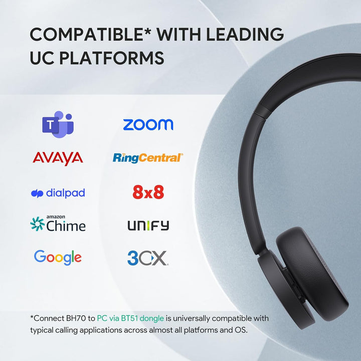 Yealink BH70 Drahtloses Bluetooth-Headset mit Mikrofon für die Arbeit, bis zu 35h Sprechzeit, 3-Mikr