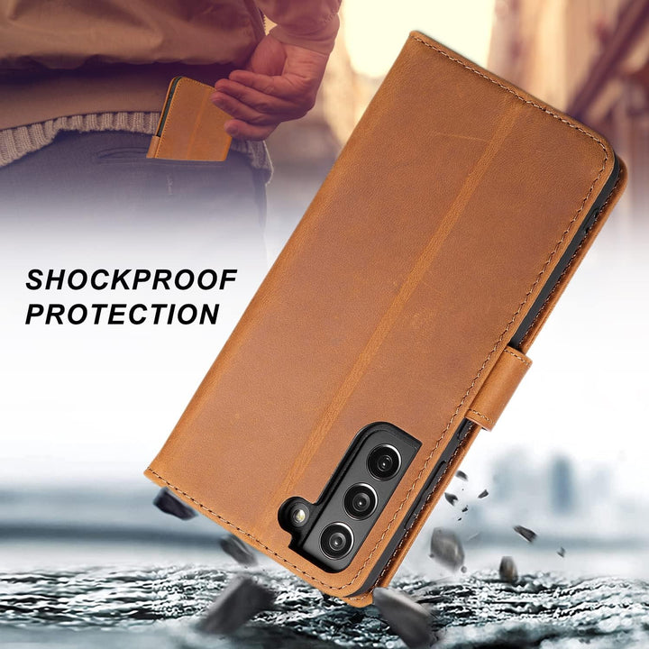 LENSUN Echtleder Hülle für Samsung Galaxy S21 FE 5G, Handyhülle Echt Leder [Kartenfach] [RFID Schutz