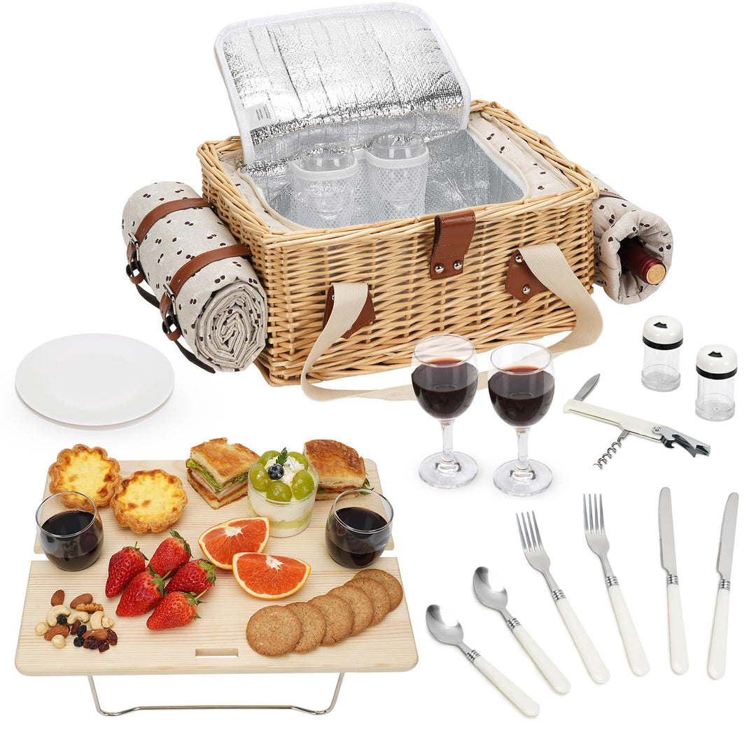 Picknickkorb-Set mit Mini-Klapptisch und Besteck-Set, Picknickkorb für 2 Personen mit kühltaschen, F