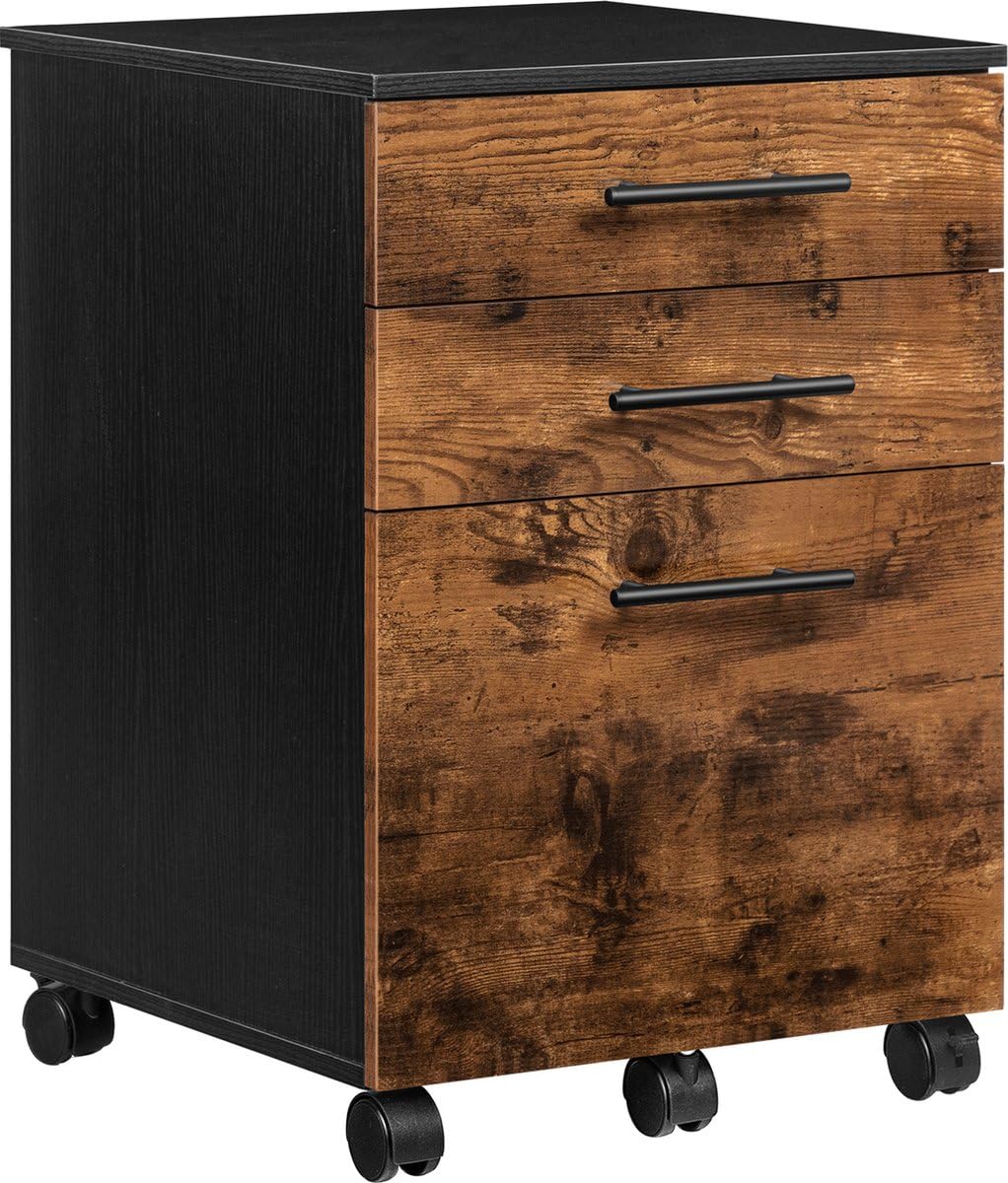 Rollcontainer mit 3 Schubladen, Aktenschrank auf Rollen für Büro & Home Office (Rustik Braun), Rusti
