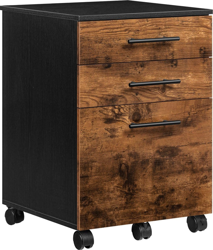 Rollcontainer mit 3 Schubladen, Aktenschrank auf Rollen für Büro & Home Office (Rustik Braun), Rusti