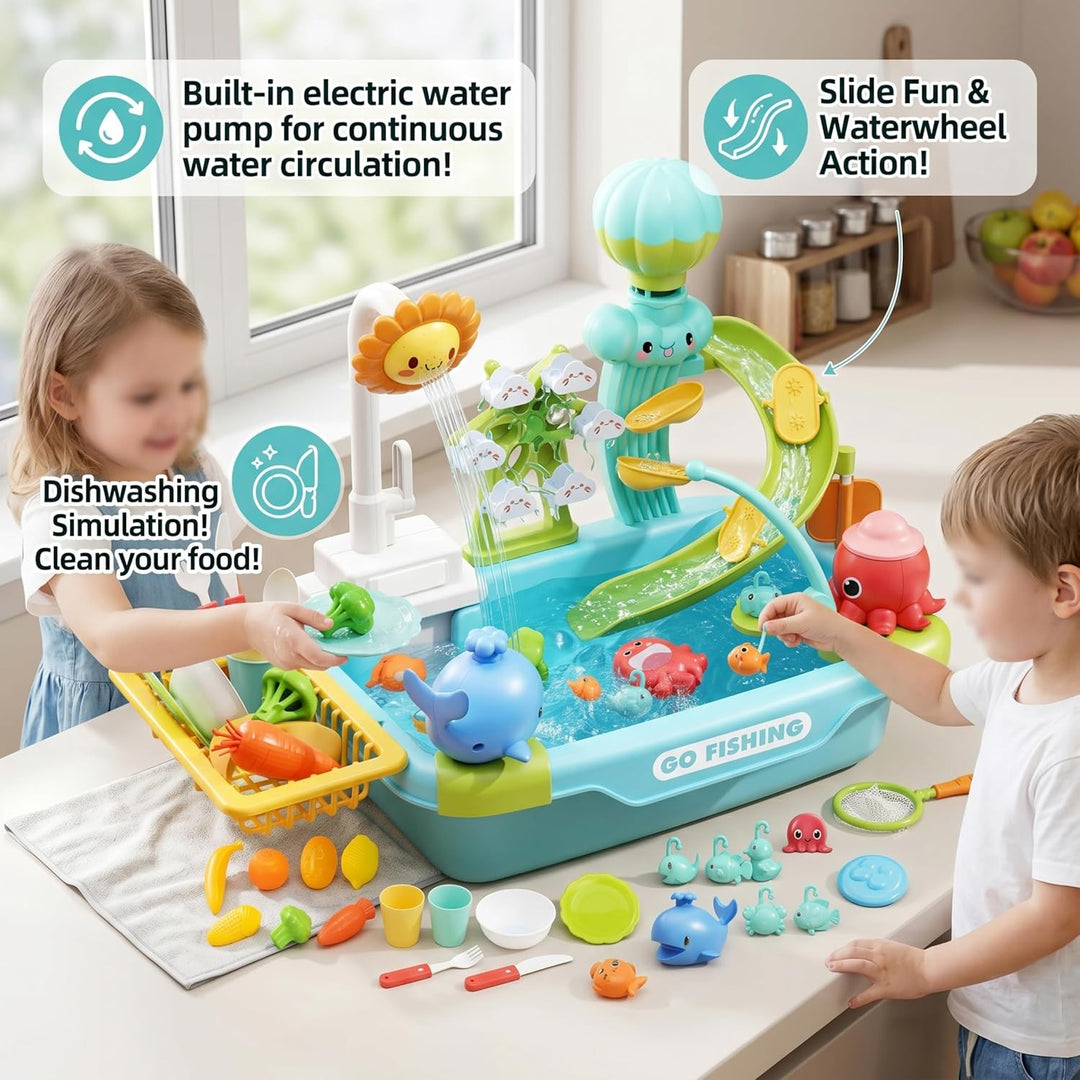 Kleinkind-Waschbecken mit fliessendem Wasser, Kinderspielspielzeug-Set – multifunktionaler Wasserspi