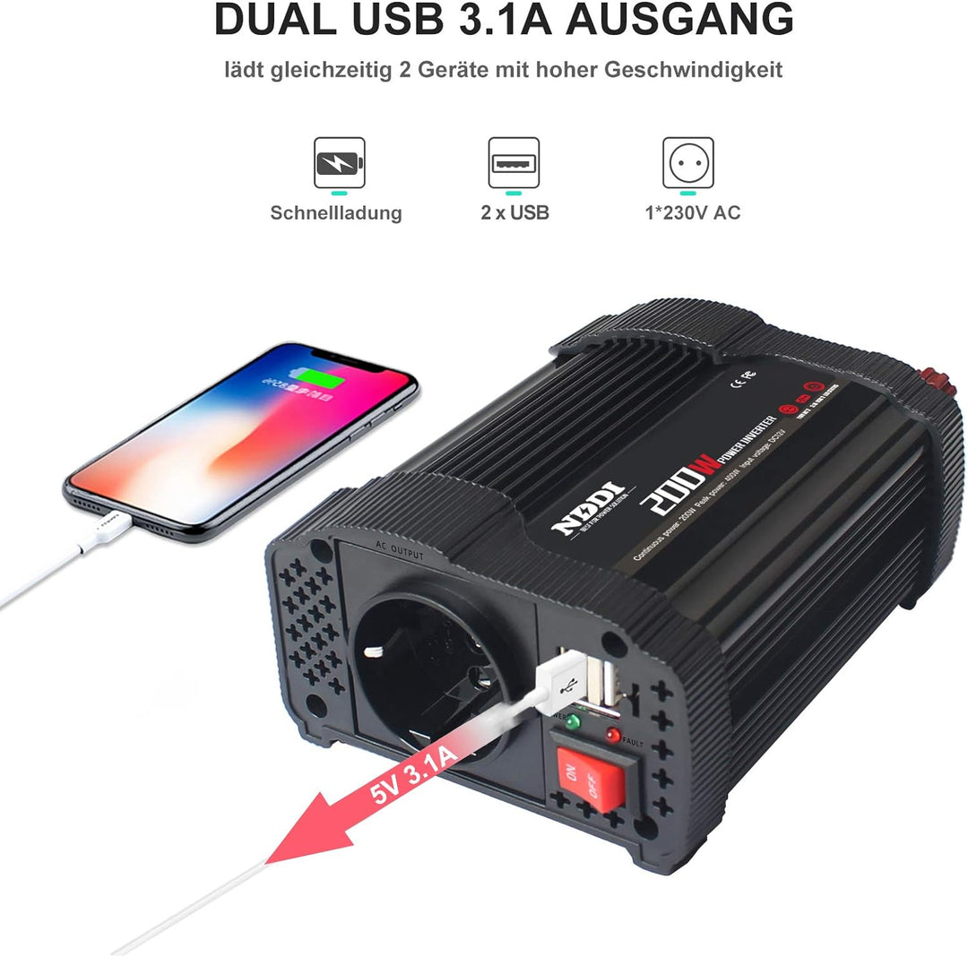 NDDI 200W Car Wechselrichter, 12V DC auf 230V AC Spannungswandler mit Dual USB Autoladegerät und 1 A
