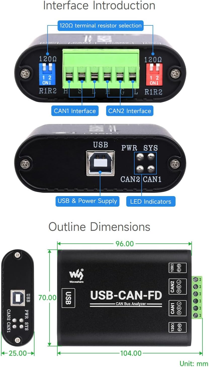 Waveshare Industrial Grade CAN/CAN FD Bus Data Analyzer, USB to CAN FD Adapter, CAN/CAN FD Bus Commu