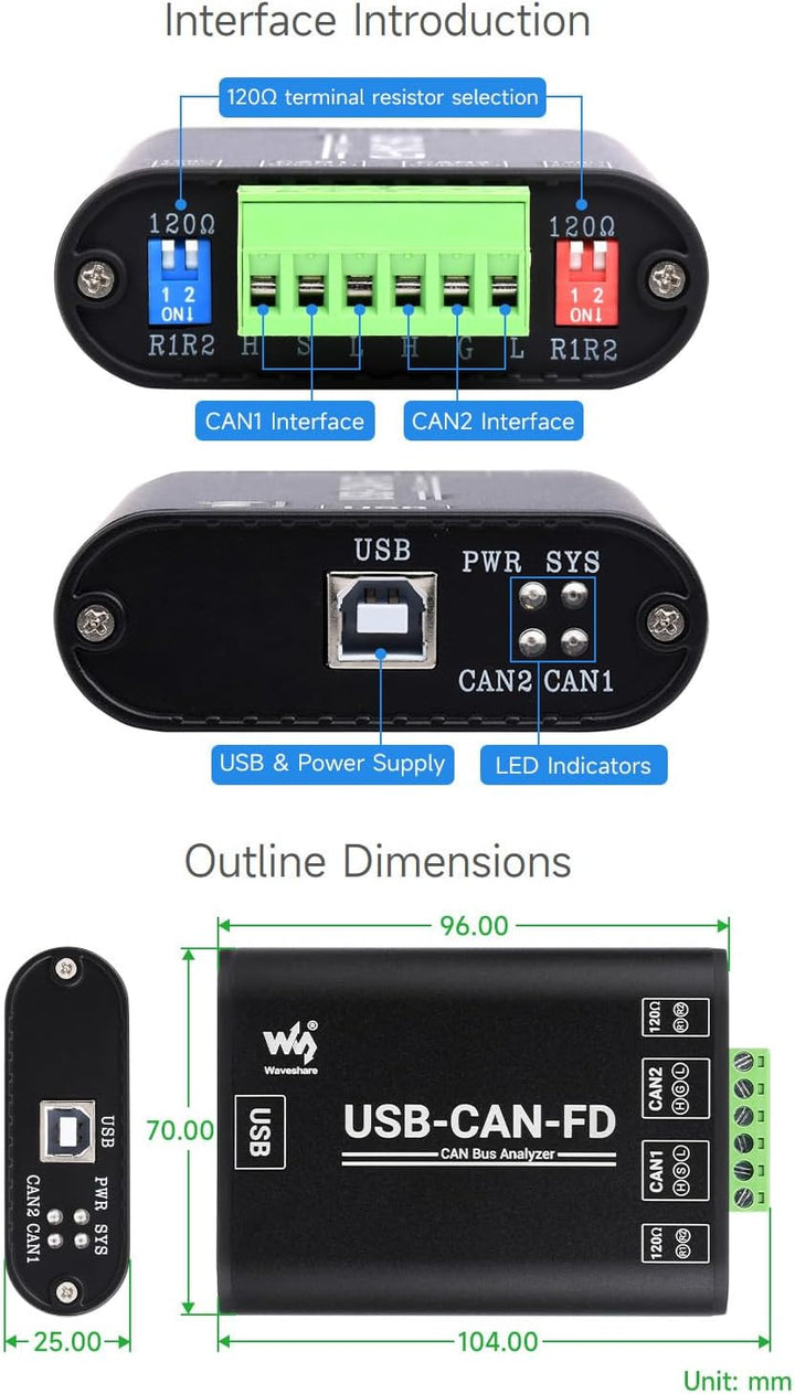 Waveshare Industrial Grade CAN/CAN FD Bus Data Analyzer, USB to CAN FD Adapter, CAN/CAN FD Bus Commu