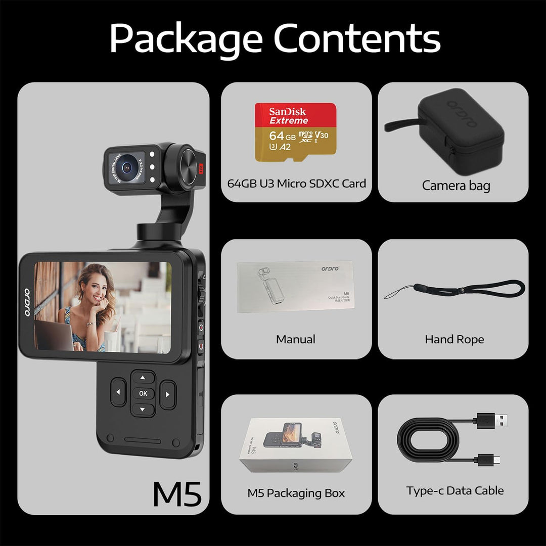 ORDRO M5 5K Vlogging Camera with 3-Axis Stabilizer 120° Ultra-Wide Angle IR Night Vision 3.5'' Rotat