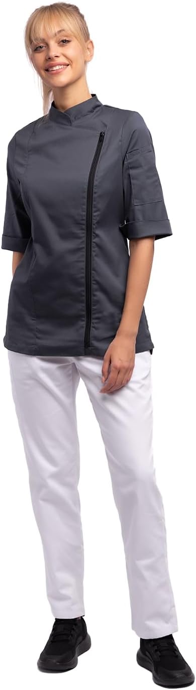 strongAnt Kochjacke Damen kurzarm Stretch mit Druckknöpfen oder Reissverschluss Kochuniform XS Grau