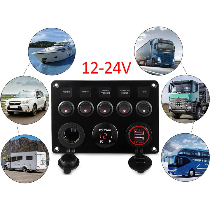 Geloo 5 Gang Schalter Panel, 12V/24V Kippschalter Panel IP65 Wasserdichte LED Voltmeter Dual USB Buc
