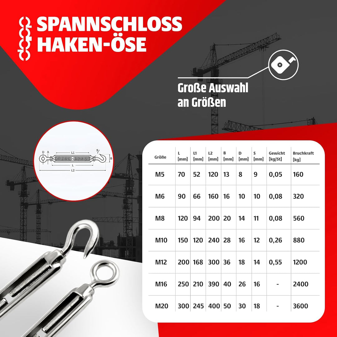 DQ-PP STAHLSEIL SET | 6mm | 10m | 6 x Seilklemmen Bügel 6mm | 2 x Spannschloss M4 Haken – Öse | Edel