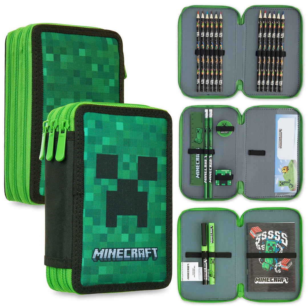 Minecraft Federmäppchen Jungen und Mädchen Mäppchen Gefüllt Creeper Federmappe mit Schreibwaren Game