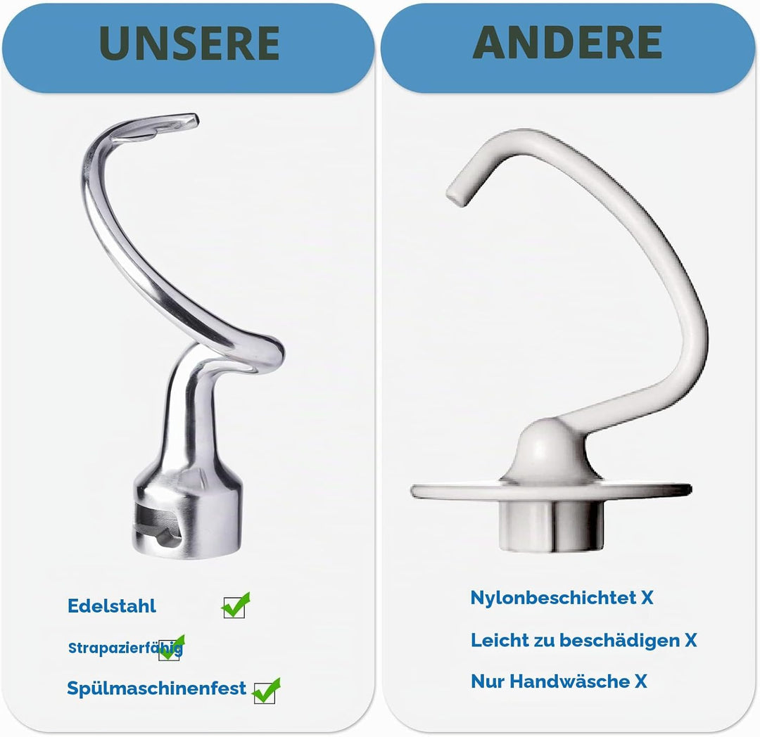 Spiralknethaken Edelstahl für KitchenAid 4,5–5 Quart Mittelgrosse Küchenmaschinen mit kippbarem Moto