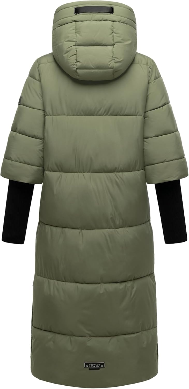 Navahoo Damen langer Wintermantel warmer Steppmantel mit Kapuze und Rippstrickärmeln Ciao Miau XIV X