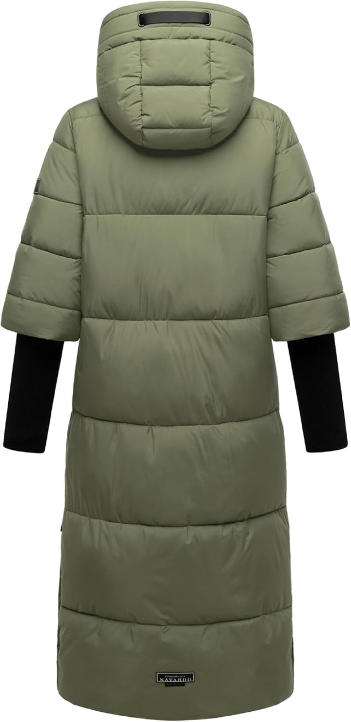 Navahoo Damen langer Wintermantel warmer Steppmantel mit Kapuze und Rippstrickärmeln Ciao Miau XIV X