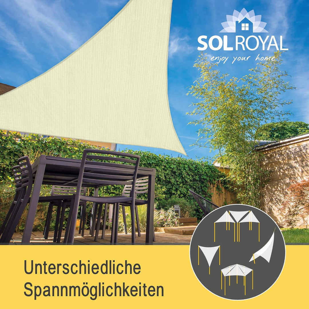Sol Royal Sonnensegel dreieckig wasserdurchlässig HDPE UV Sonnenschutz Pool | 6x6x6m Creme Segeltuch