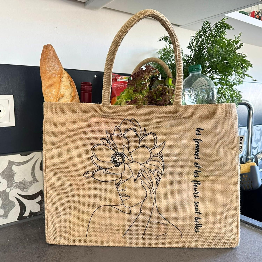Domelo Einkaufskörbe. Bedruckte Einkaufstasche. Jute Tasche gross. Korbtasche, wasserabweisenden Str