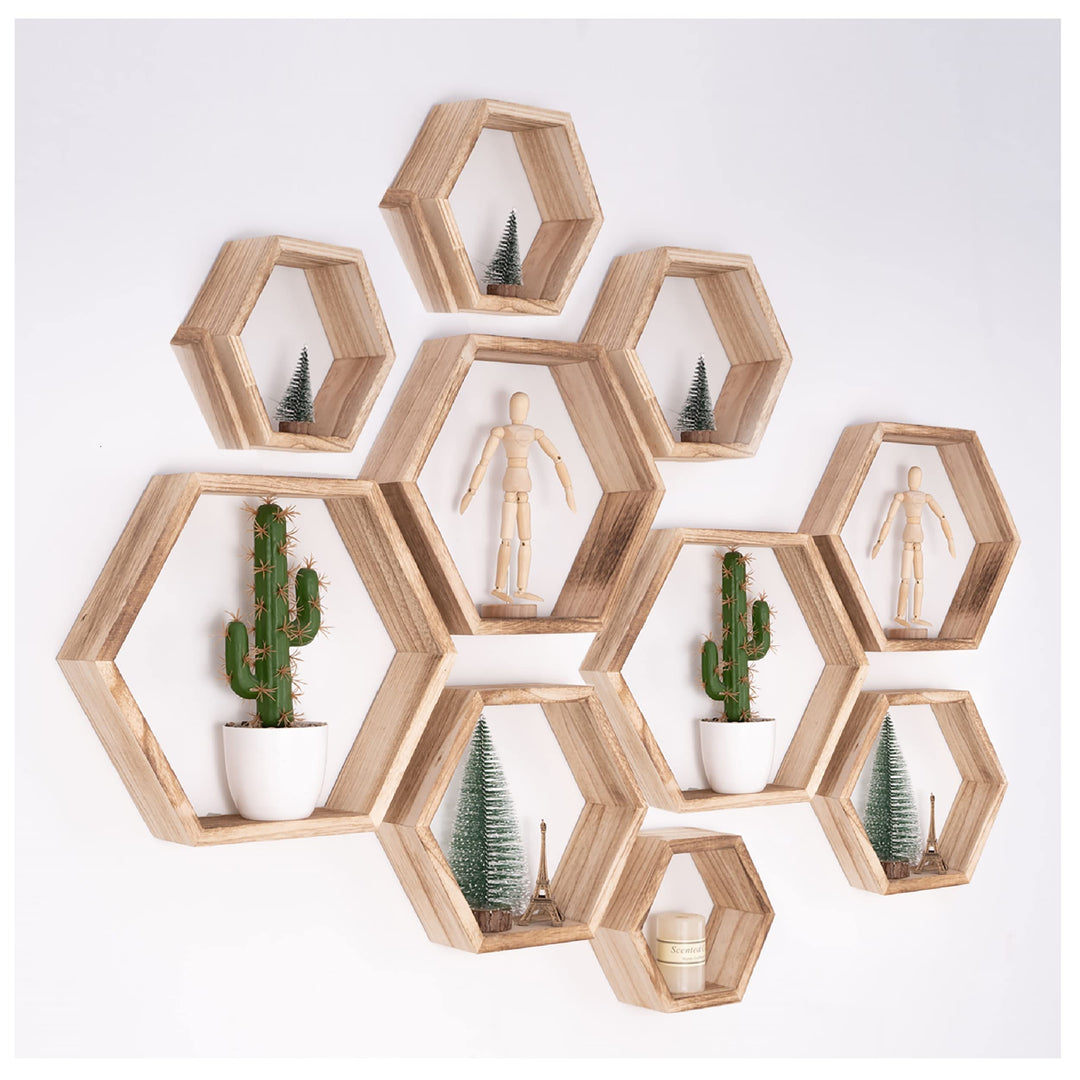 WONFUlity Sechseckige schwebende Regale, Wandmontage, Holz, Bauernhaus, Aufbewahrung, Wabenregal, Se