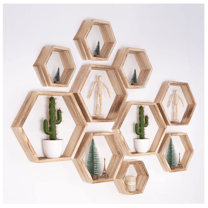WONFUlity Sechseckige schwebende Regale, Wandmontage, Holz, Bauernhaus, Aufbewahrung, Wabenregal, Se