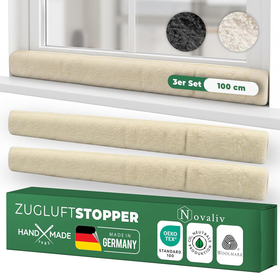 Zugluftstopper für Fenster 100cm Natur Schurwolle – stoppt Zugluft & Kälte, dämpft Lärm/Staub/Licht,