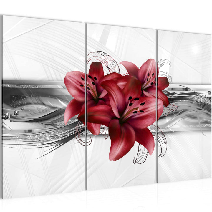 Runa Art Wandbilder Blumen Lilien Bild XXL Wohnzimmer Schlafzimmer Grau Rot Abstrakt 120 x 80 cm 3 T