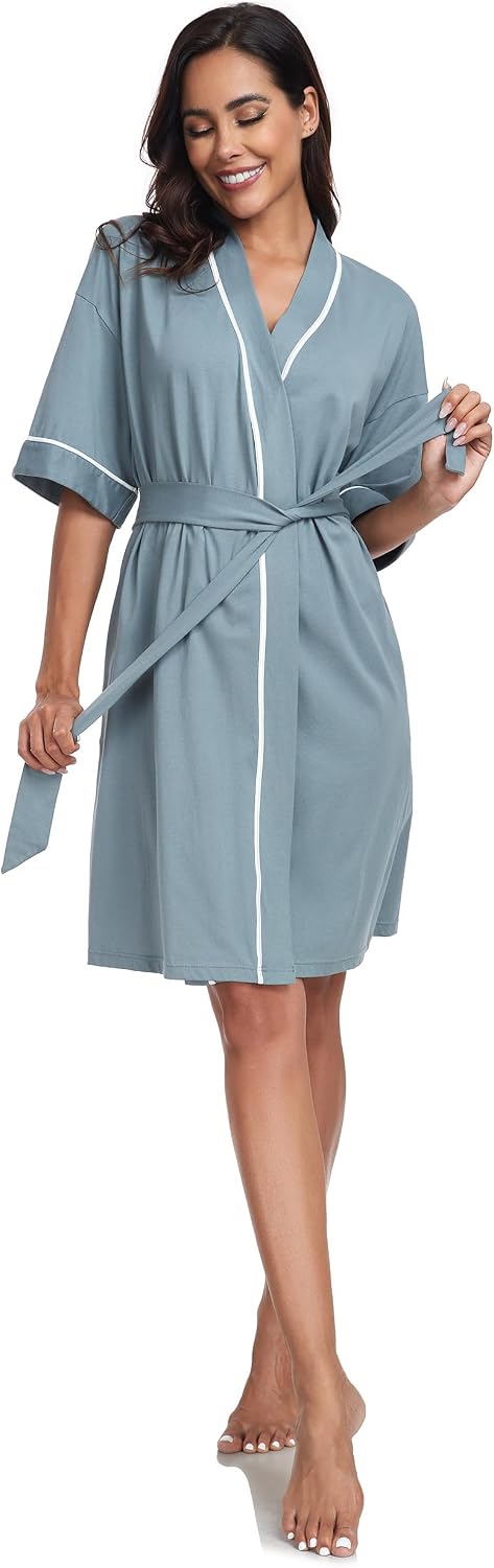 COLORFULLEAF 100% Baumwolle Bademantel Damen Kurz Morgenmantel Leicht Knielang Kimono Saunamantel Na