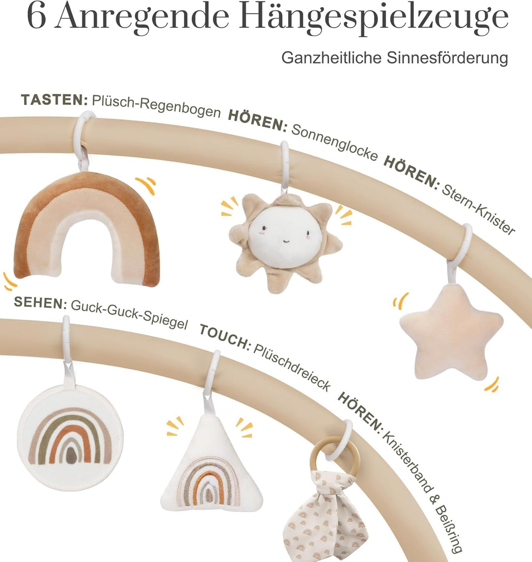 Mallify - Spielmatte für Babys mit Krabbeldecke, 6 abnehmbaren sensorischen Spielzeugen und 12 bunte