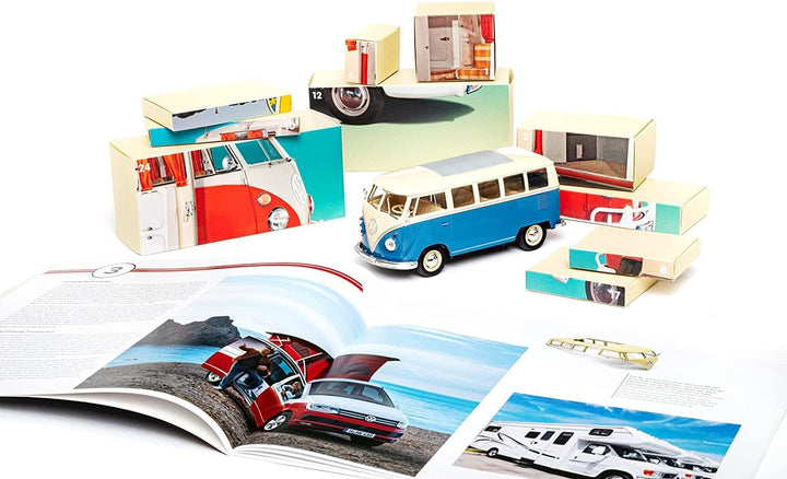 FRANZIS 55115 - Caravaning Adventskalender, VW Bulli T1 Metall Modellbausatz im Massstab 1:24, mit 5